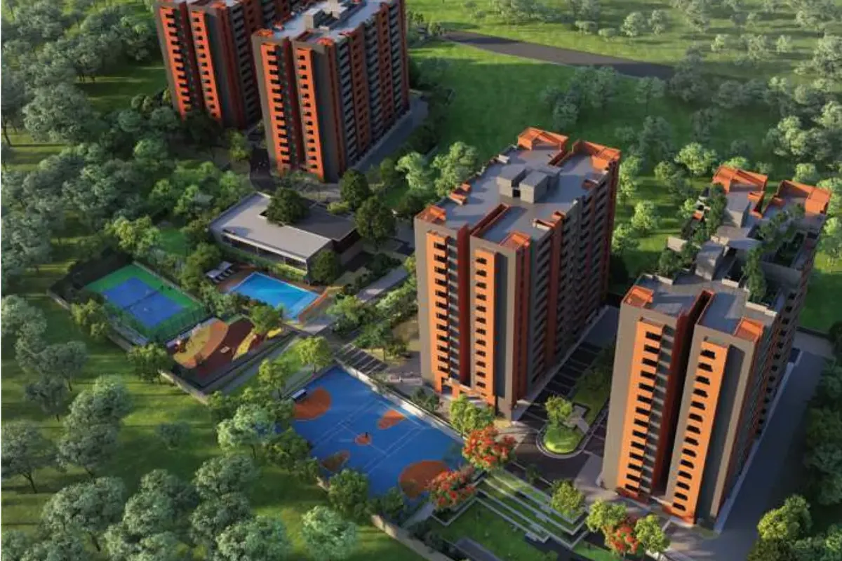 Artist's impression aerial view of Assetz Bloom & Dell's four towers, pool and sports courts