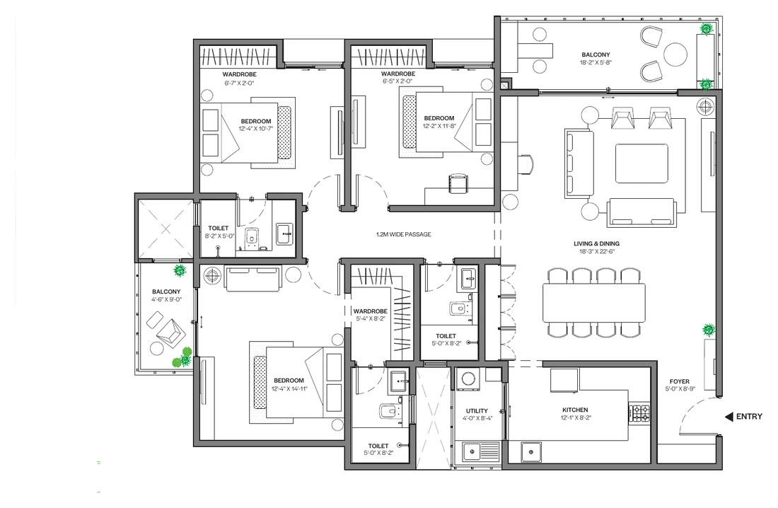 Assetz Bloom & Dell 3 BHK (Type 1 · 3 toilets) floor plan, 2,039 sq ft super built-up