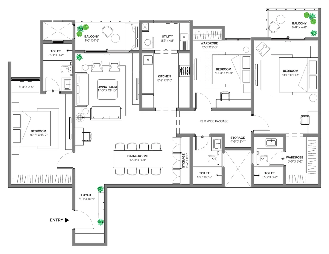 Assetz Bloom & Dell 3 BHK (Type 2 · 3 toilets) floor plan, 1,839 sq ft super built-up