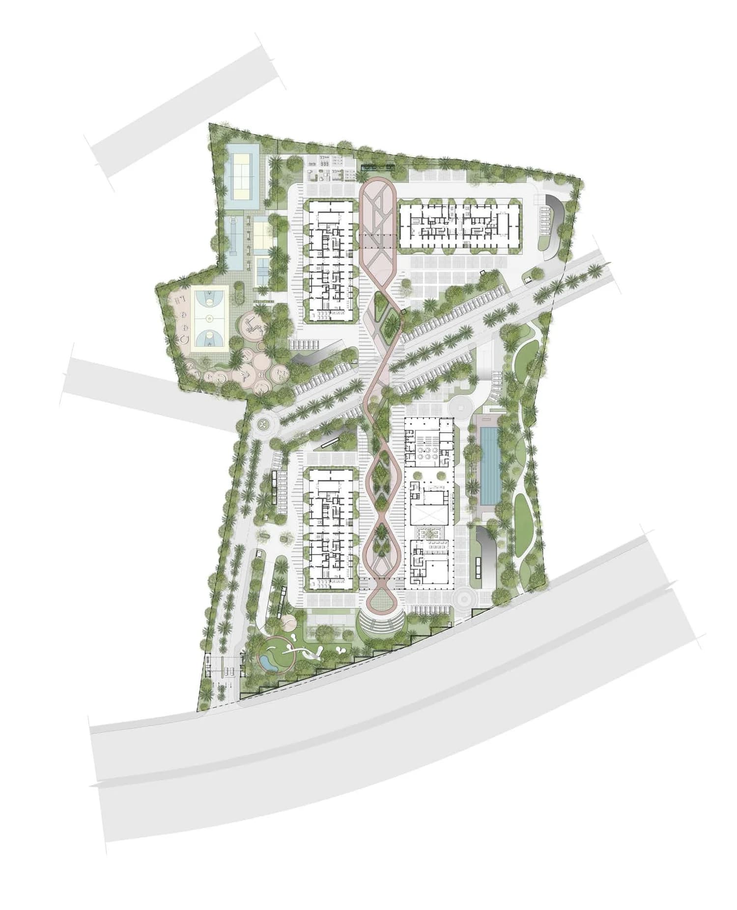 Codename Sublime master plan showing three towers, the clubhouse, retail block, sports courts and the central landscaped spine