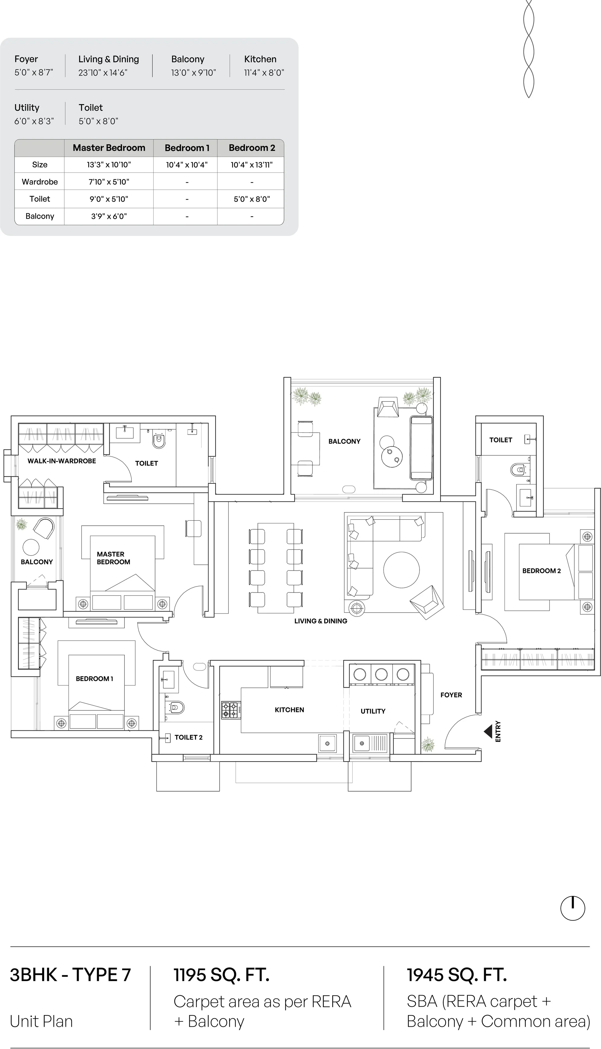Assetz Codename Sublime 3 BHK (Type 7) floor plan, 1,945 sq ft super built-up