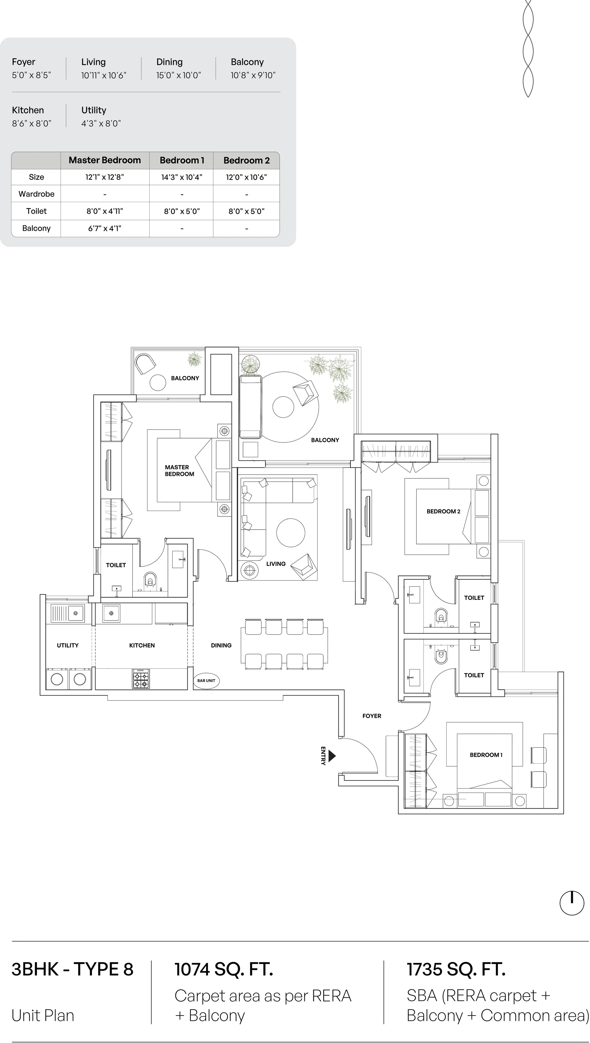 Assetz Codename Sublime 3 BHK (Type 8) floor plan, 1,735 sq ft super built-up