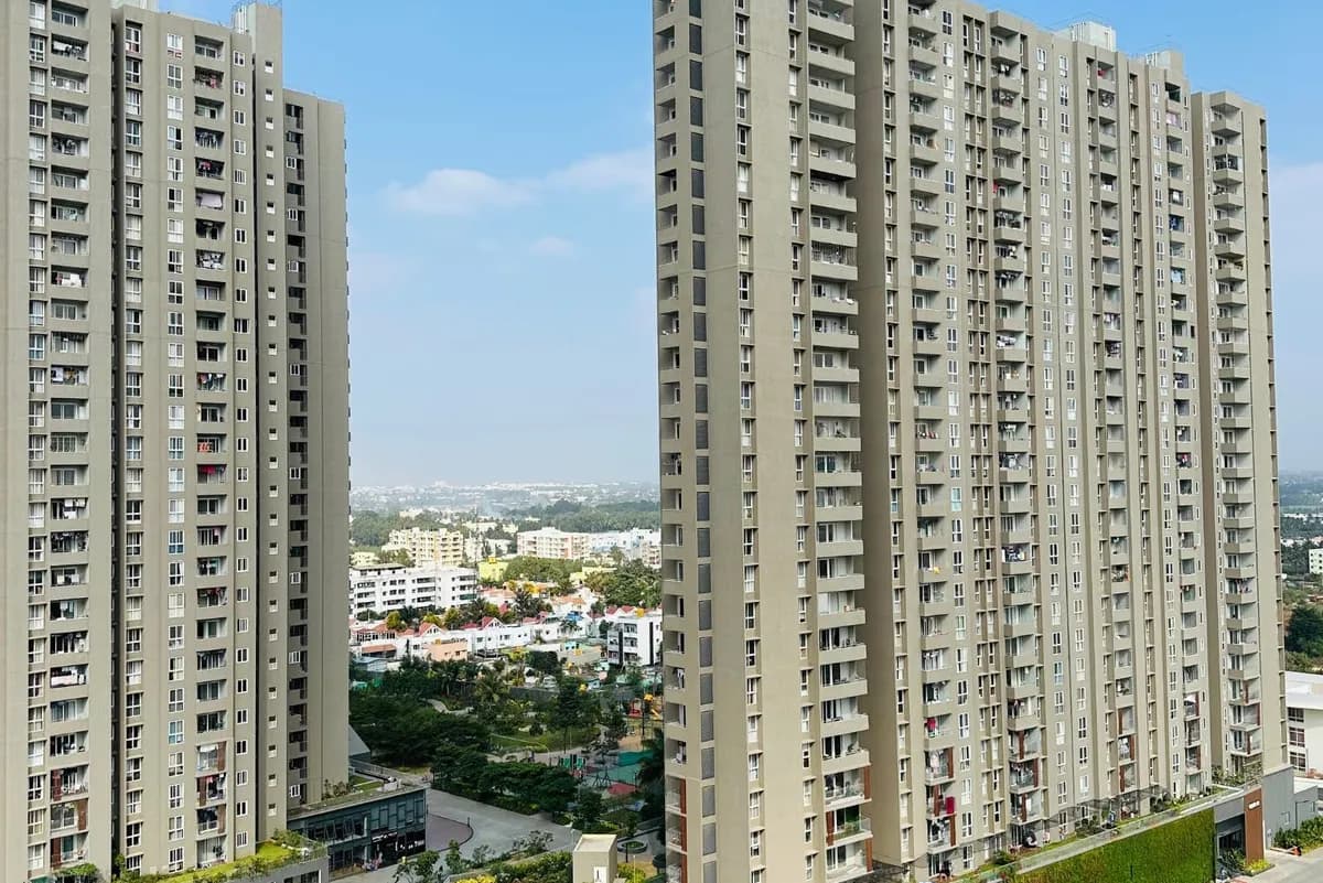 Assetz Marq residential towers above the landscaped podium, Kannamangala, Whitefield