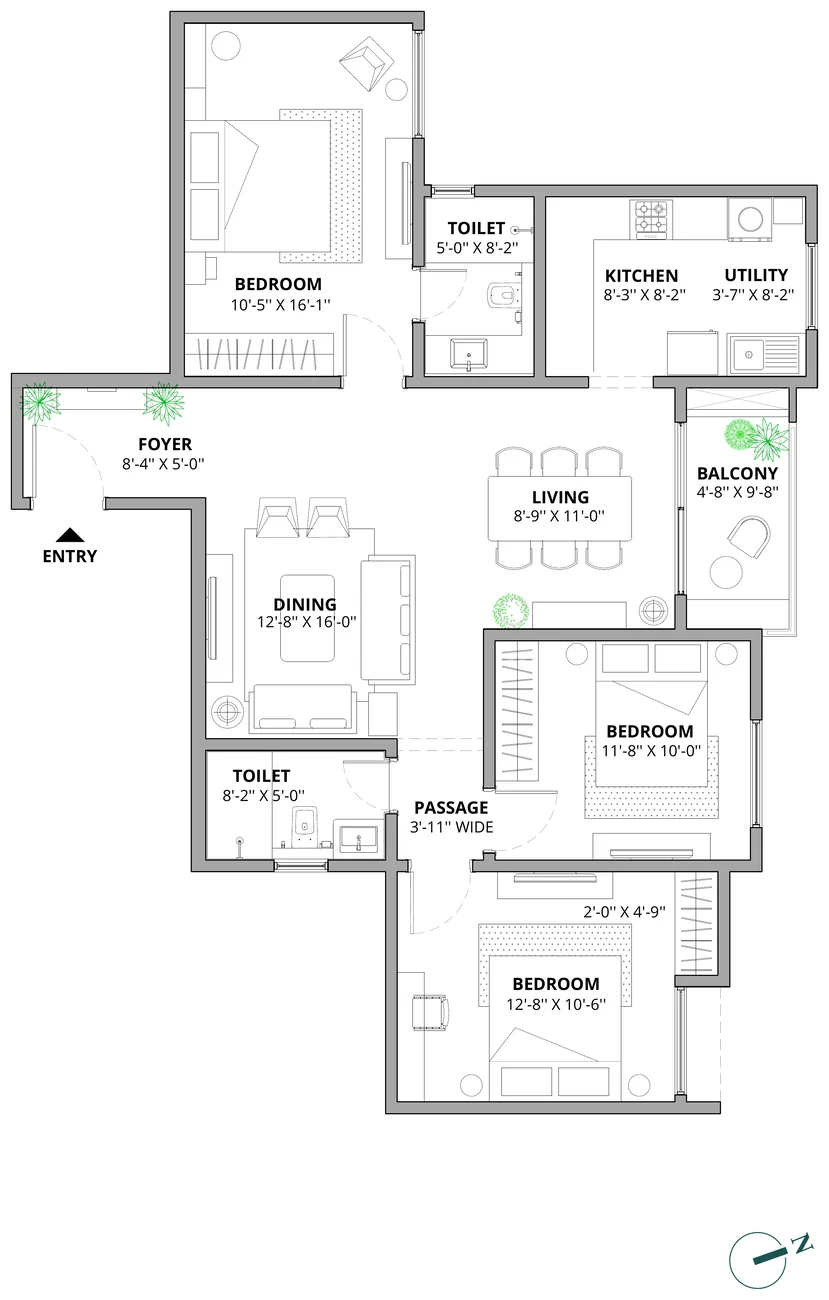 Assetz Marq 3 BHK (2 toilets) floor plan, 1,377 sq ft super built-up