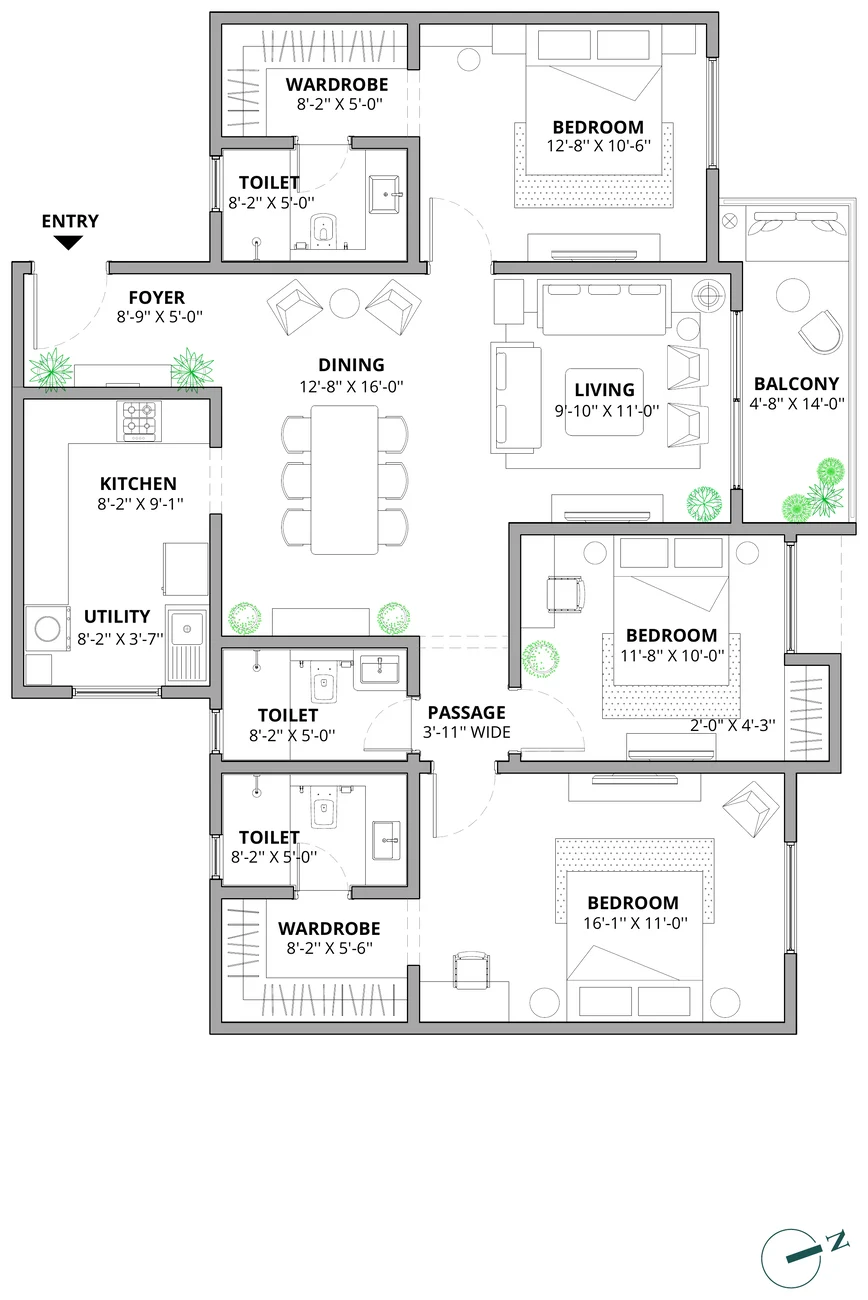 Assetz Marq 3 BHK (3 toilets) floor plan, 1,630 sq ft super built-up
