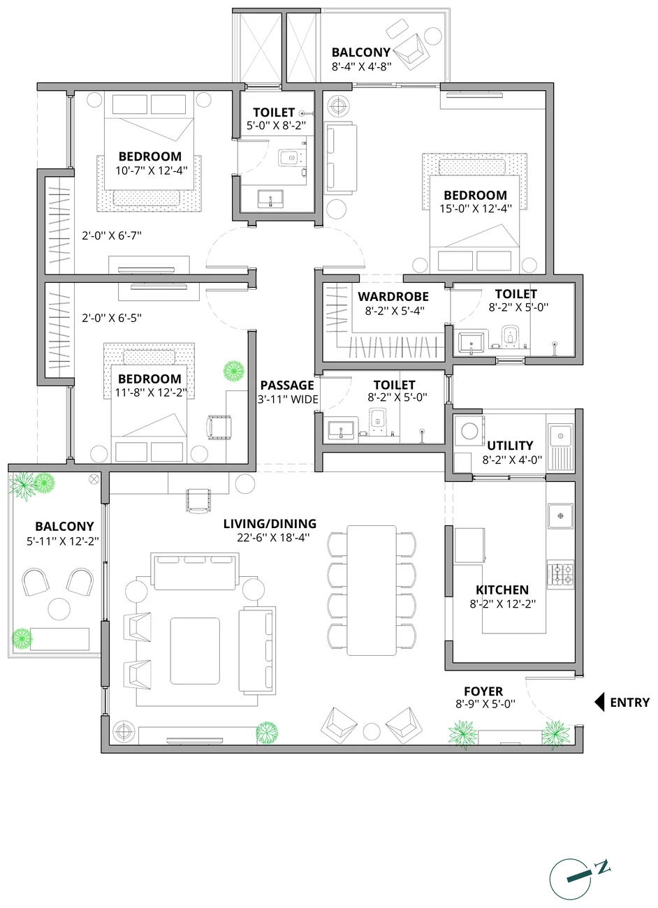 Assetz Marq 3 BHK (3 toilets, larger) floor plan, 1,941 sq ft super built-up
