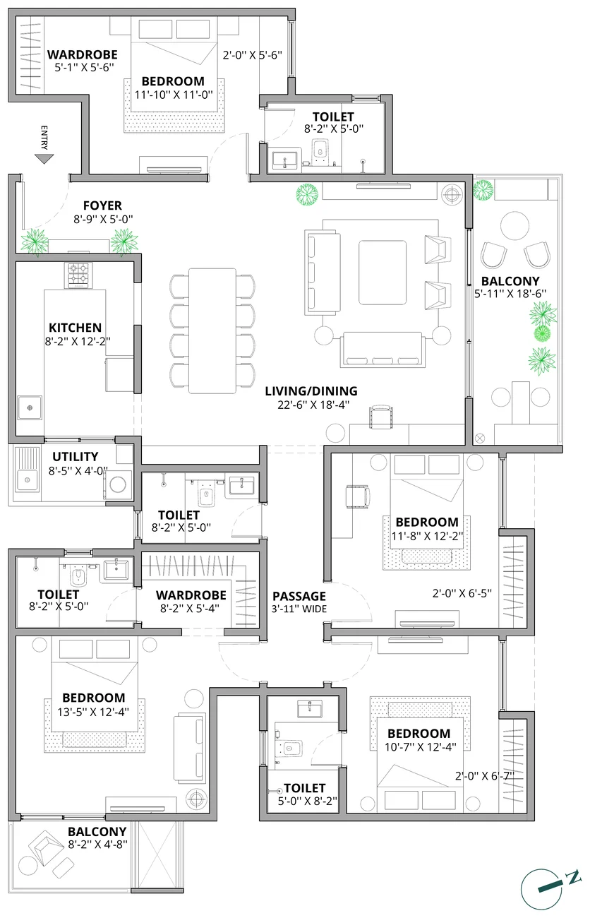 Assetz Marq 4 BHK (3 bed + 3 toilets + studio) floor plan, 2,275 sq ft super built-up