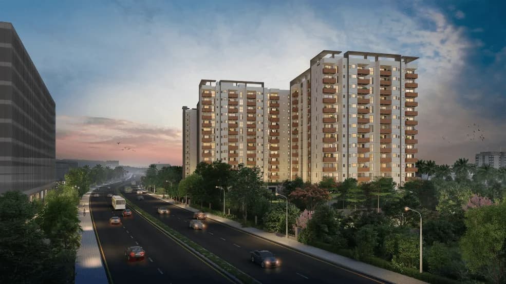 Artist's impression of the Assetz Soho & Sky towers beside a tree-lined road in Jakkur