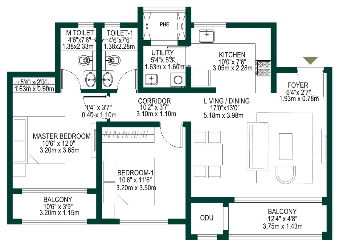 Godrej Woodscapes 2 BHK (Luxe · Towers G–K) floor plan, 1,282 sq ft super built-up