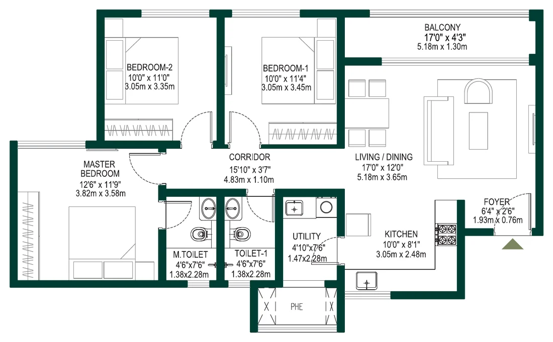 Godrej Woodscapes 3 BHK (Tower A) floor plan, 1,432 sq ft super built-up