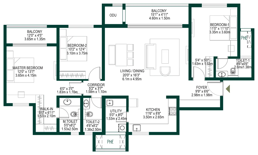 Godrej Woodscapes 3 BHK (Luxe · Towers D–F) floor plan, 2,027 sq ft super built-up