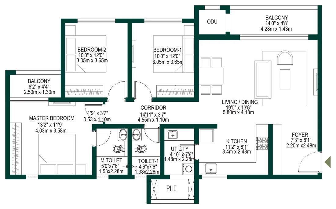 Godrej Woodscapes 3 BHK (Premium · Towers H–K) floor plan, 1,700 sq ft super built-up