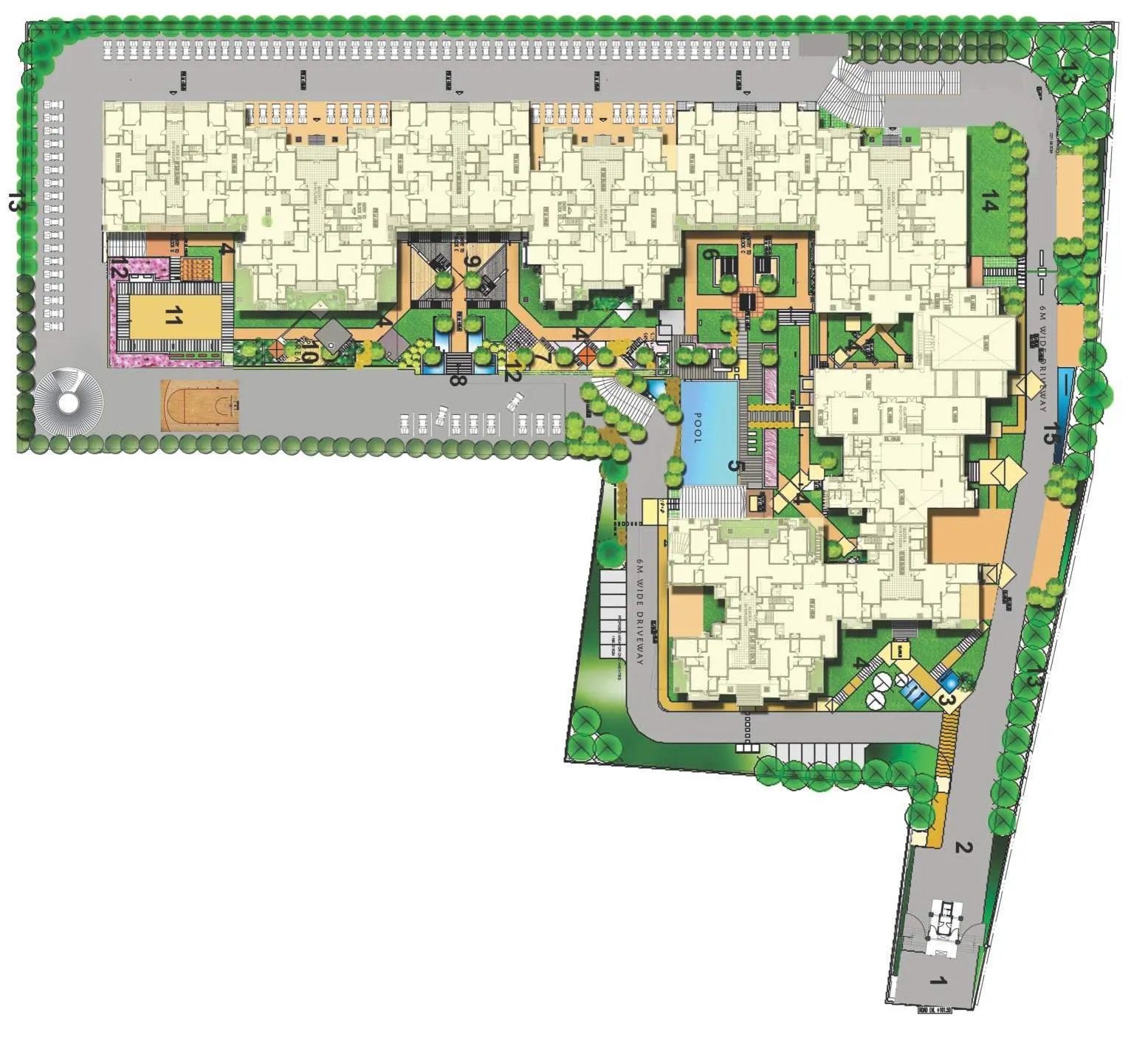 Mera Homes master plan showing the eight blocks, podium and clubhouse