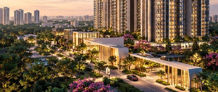 Artist's impression of the My Home Bangalore towers and entrance street at dusk