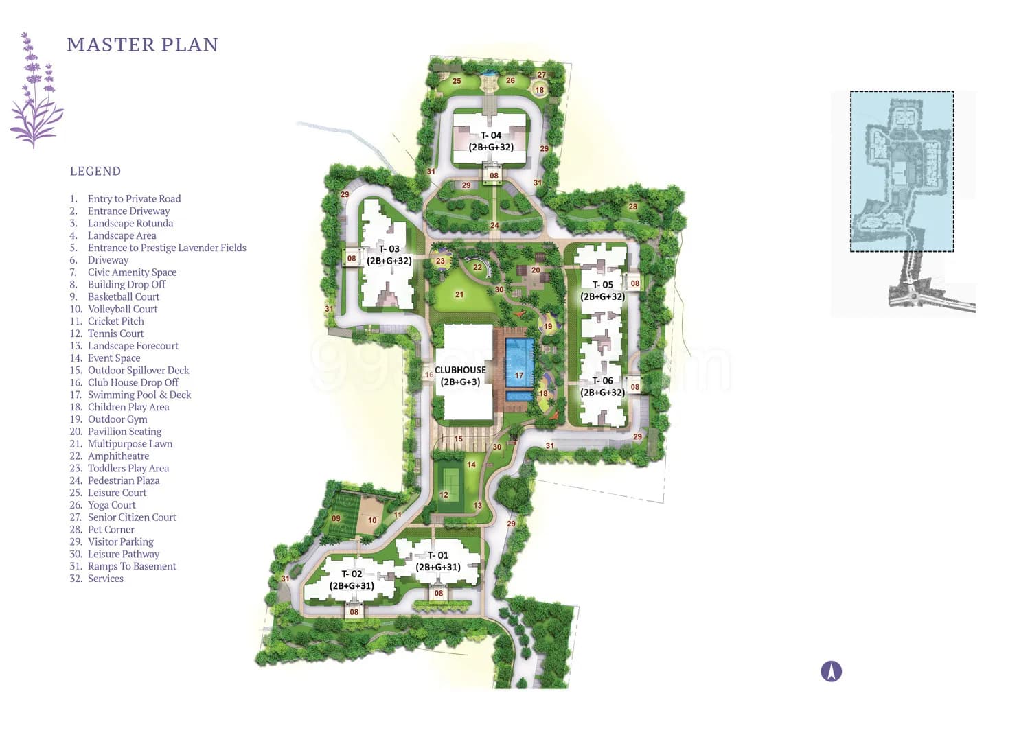 Prestige Lavender Fields master plan showing six towers, the clubhouse, pool and courts