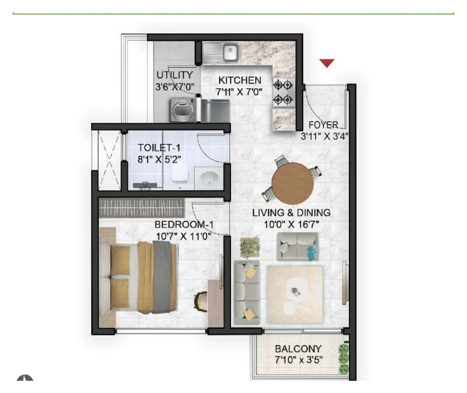 Prestige Park Grove 1 BHK (Type A1) floor plan, 658 sq ft super built-up