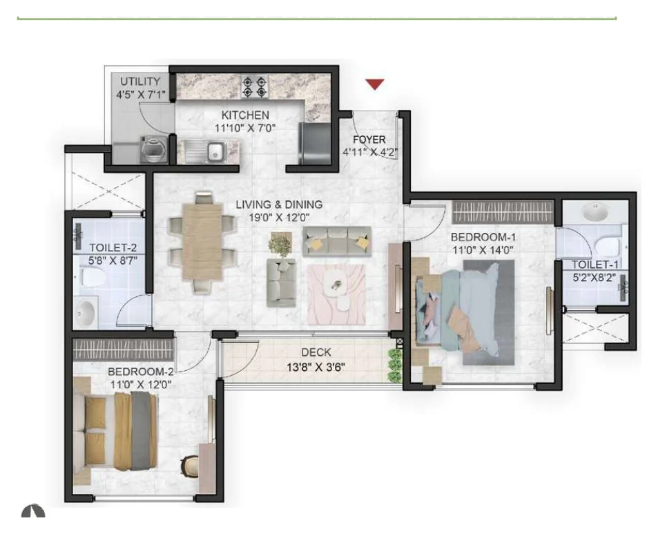 Prestige Park Grove 2 BHK (Type B3) floor plan, 1,150 sq ft super built-up