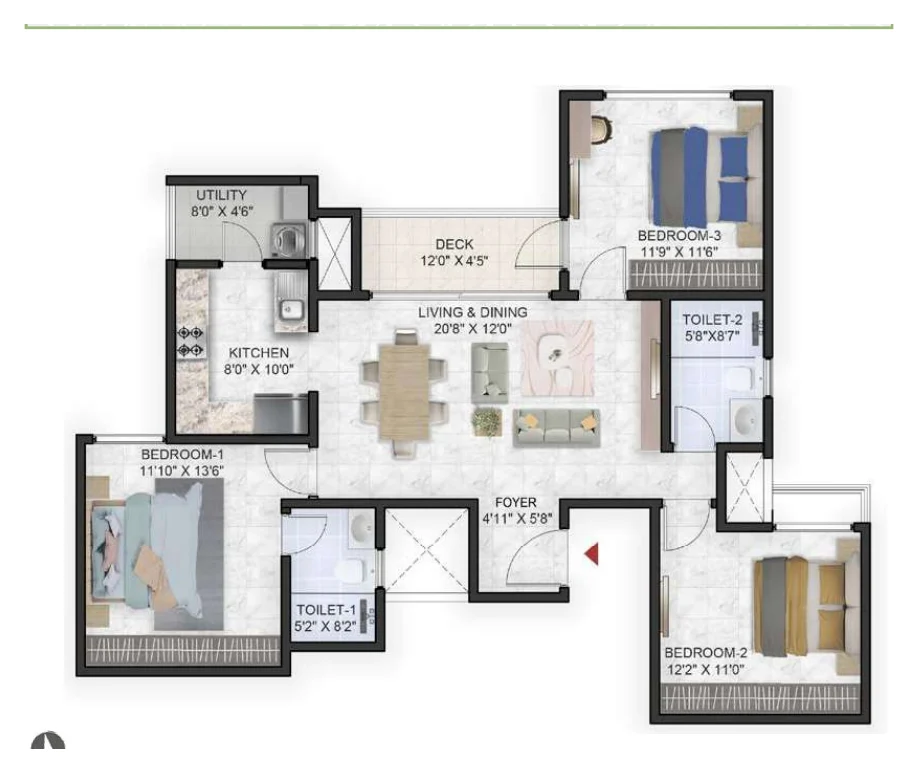 Prestige Park Grove 3 BHK (Type C2 · 2 toilets) floor plan, 1,428 sq ft super built-up