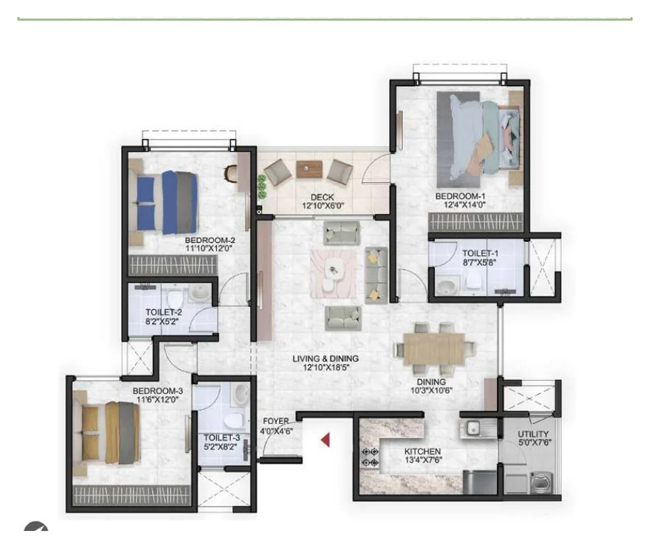 Prestige Park Grove 3 BHK (Type D1 · 3 toilets, compact) floor plan, 1,784 sq ft super built-up