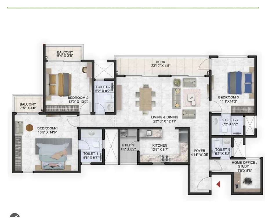Prestige Park Grove 3 BHK (Type E7 · 3 toilets + study) floor plan, 2,204 sq ft super built-up