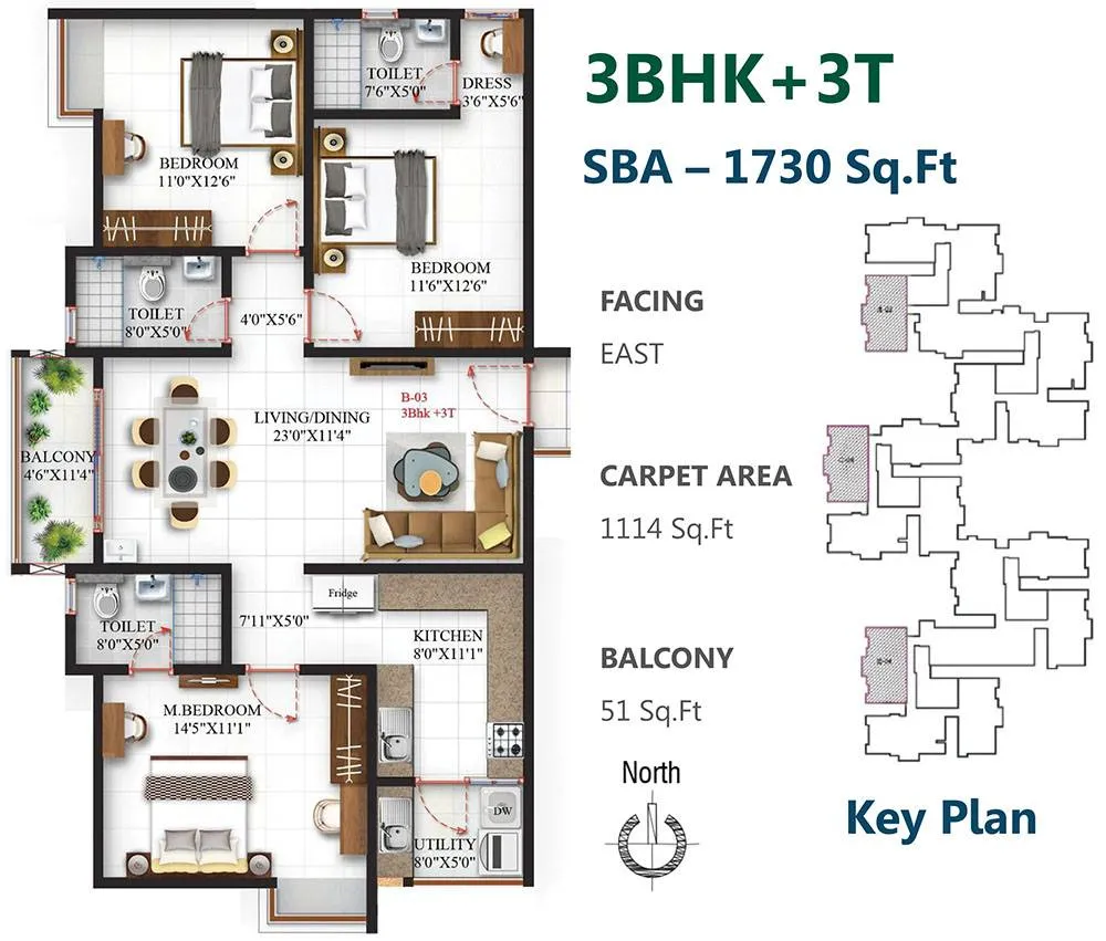 SBR One Residence 3 BHK (3 toilets · east facing) floor plan, 1,730 sq ft super built-up