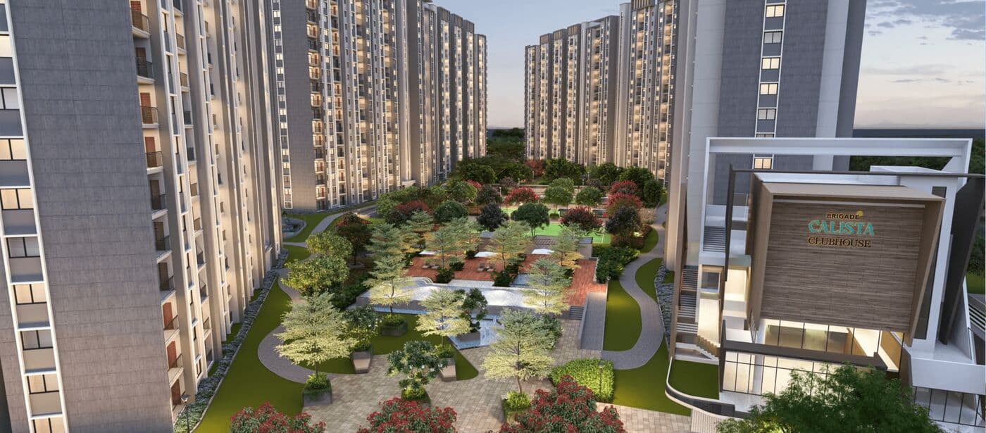Brigade Calista towers and landscaped courtyard