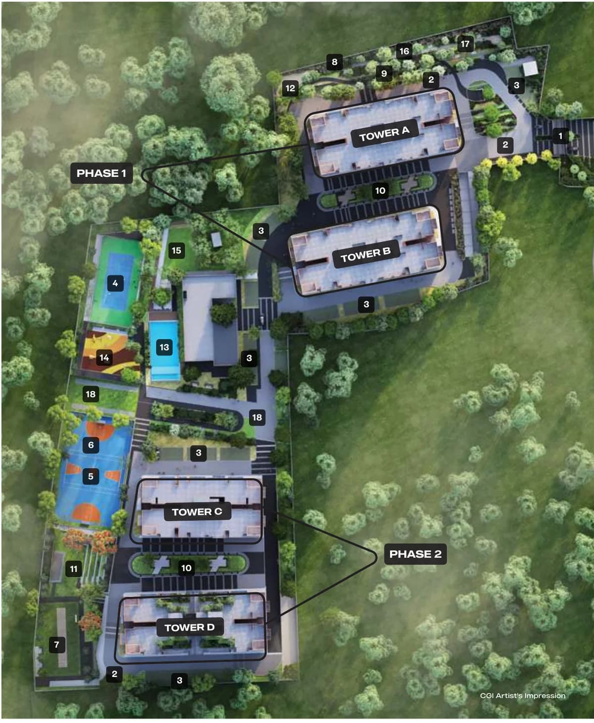 Assetz Bloom & Dell master plan showing Towers A and B (Phase 1), Towers C and D (Phase 2), the pool, courts and gardens