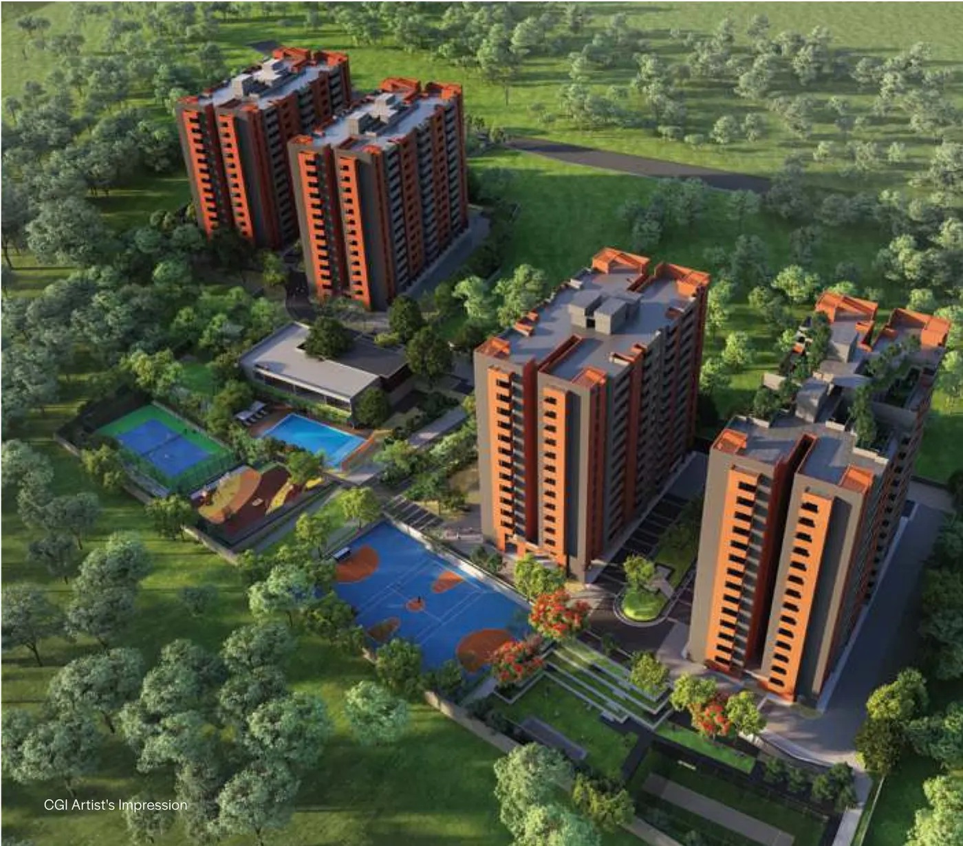 Artist's impression aerial view of Assetz Bloom & Dell's four towers, pool and sports courts