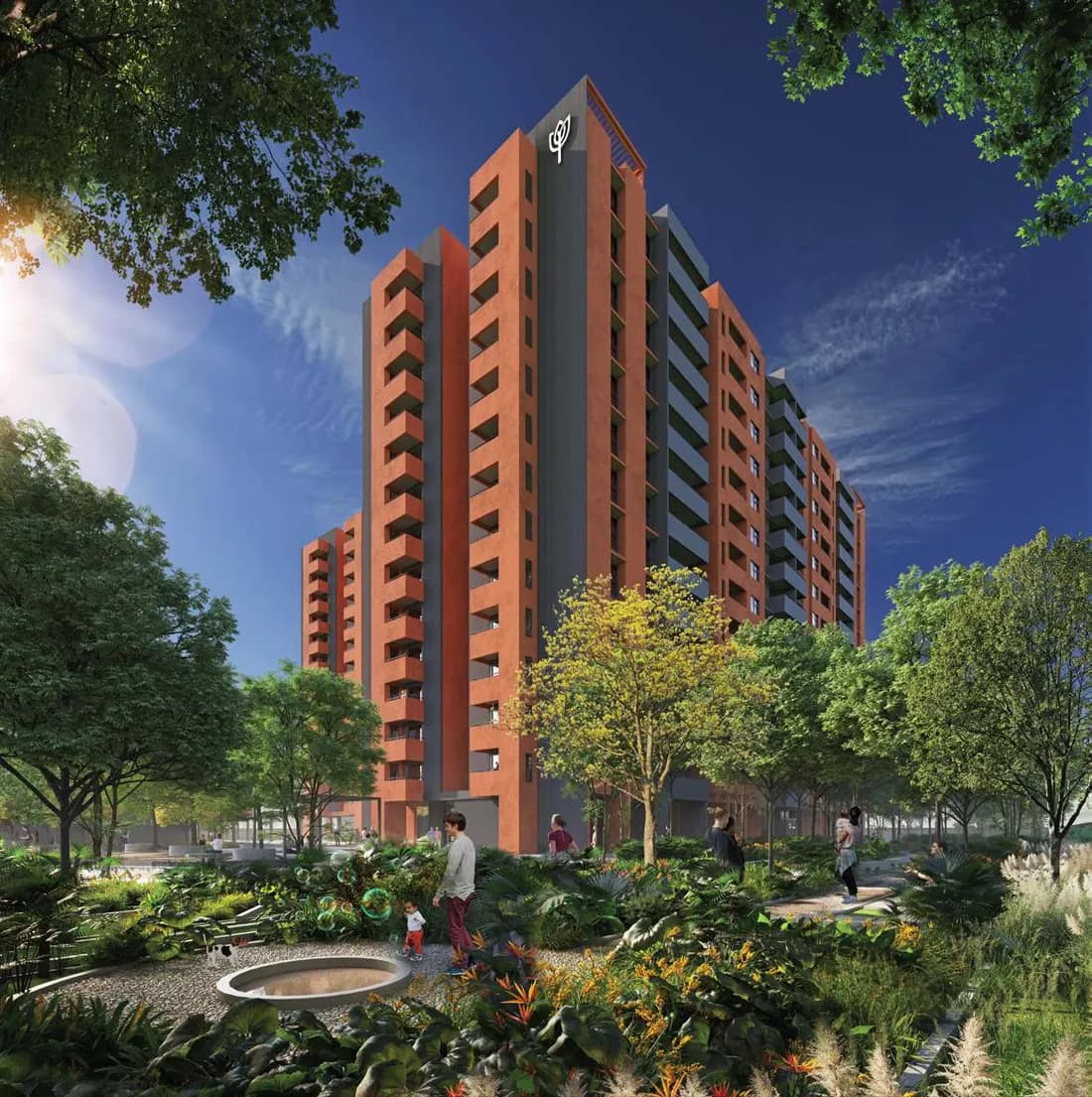 Artist's impression of an Assetz Bloom & Dell tower above landscaped gardens
