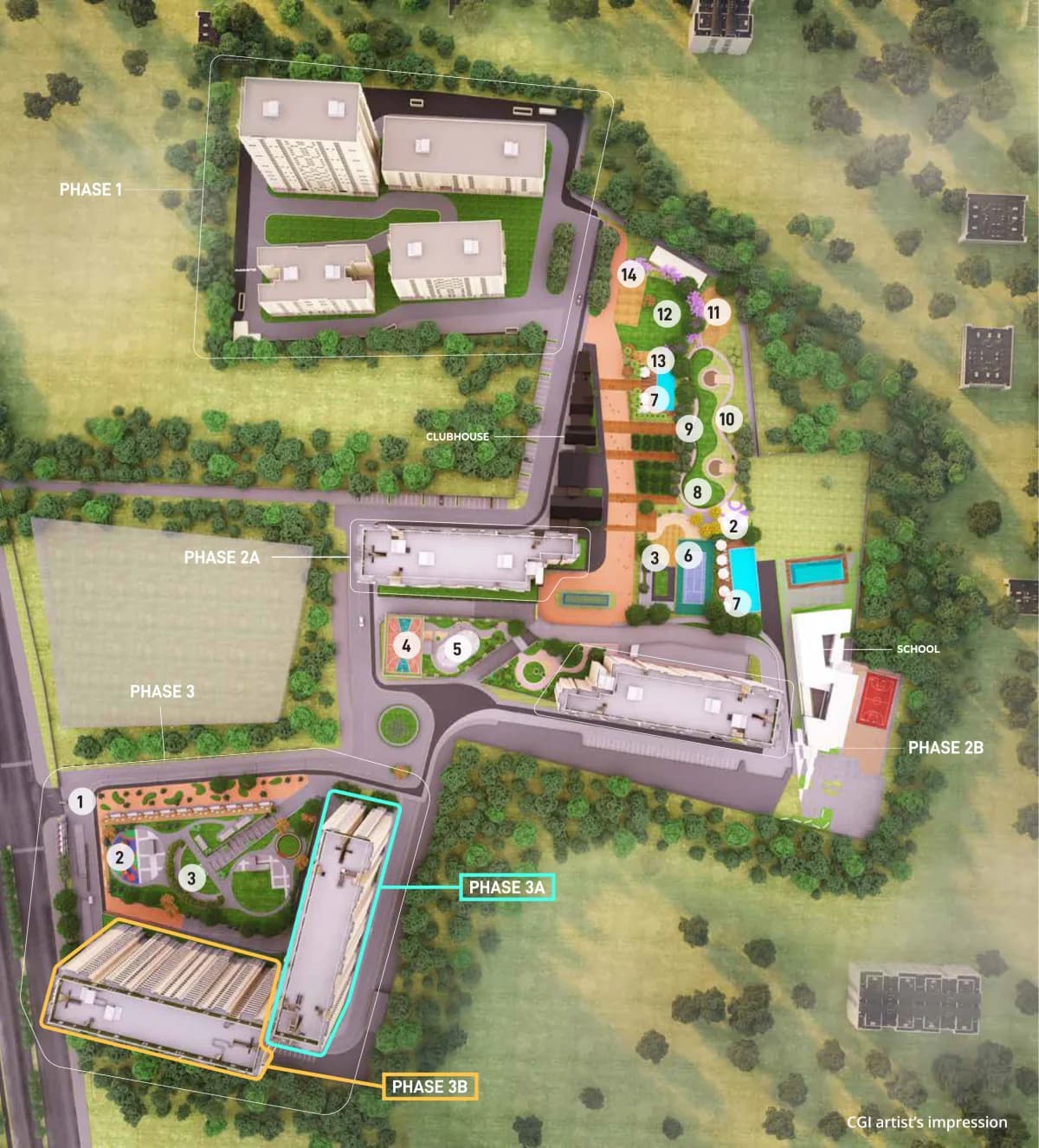 Assetz Marq master plan showing Phase 1, Phase 2A, 2B, Phase 3A and 3B, the clubhouse, central park and school
