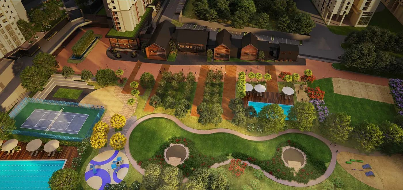 Artist's impression of the Assetz Marq central park, pool and tennis court from above