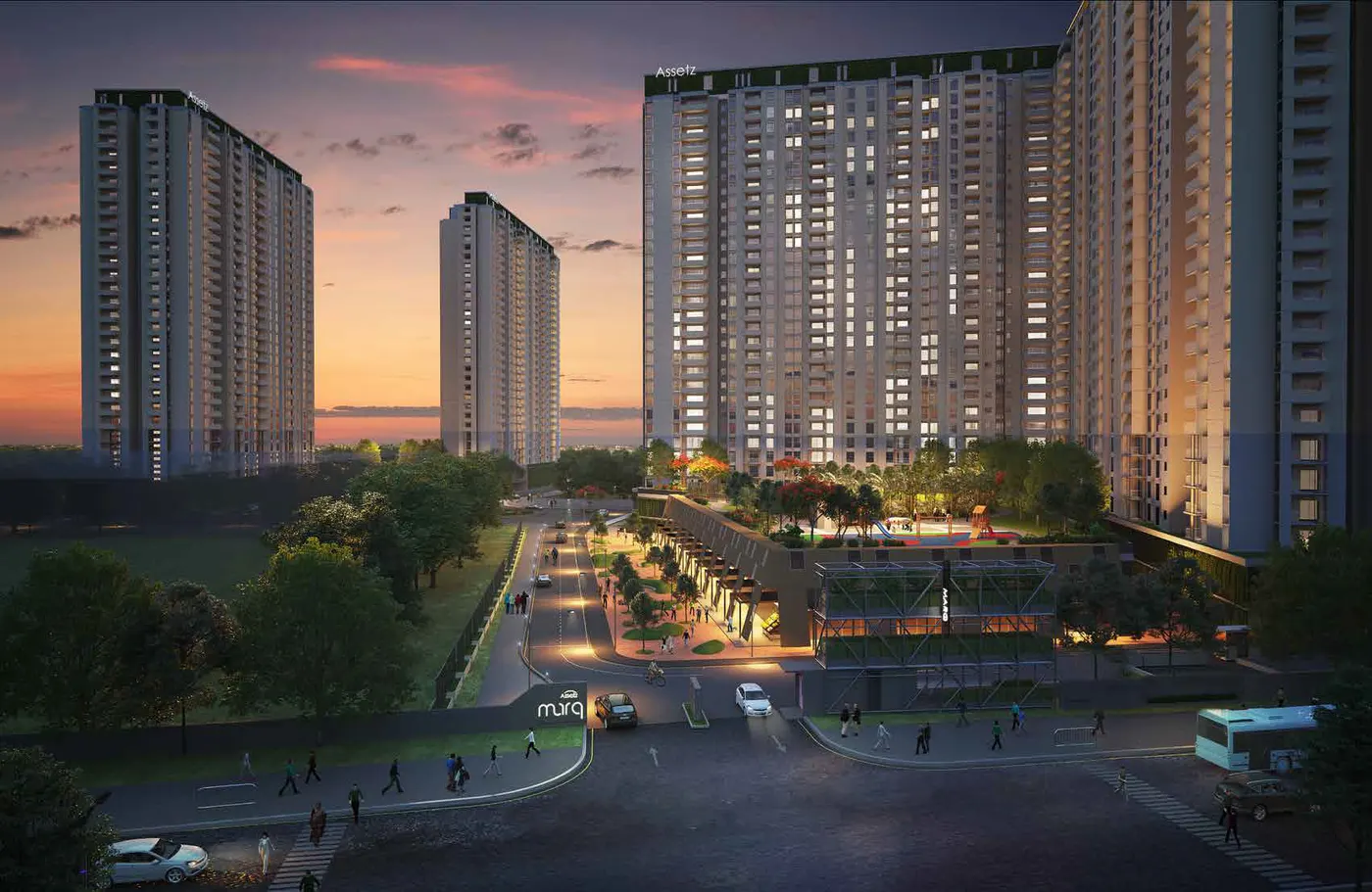Artist's impression of Assetz Marq towers and entrance at dusk