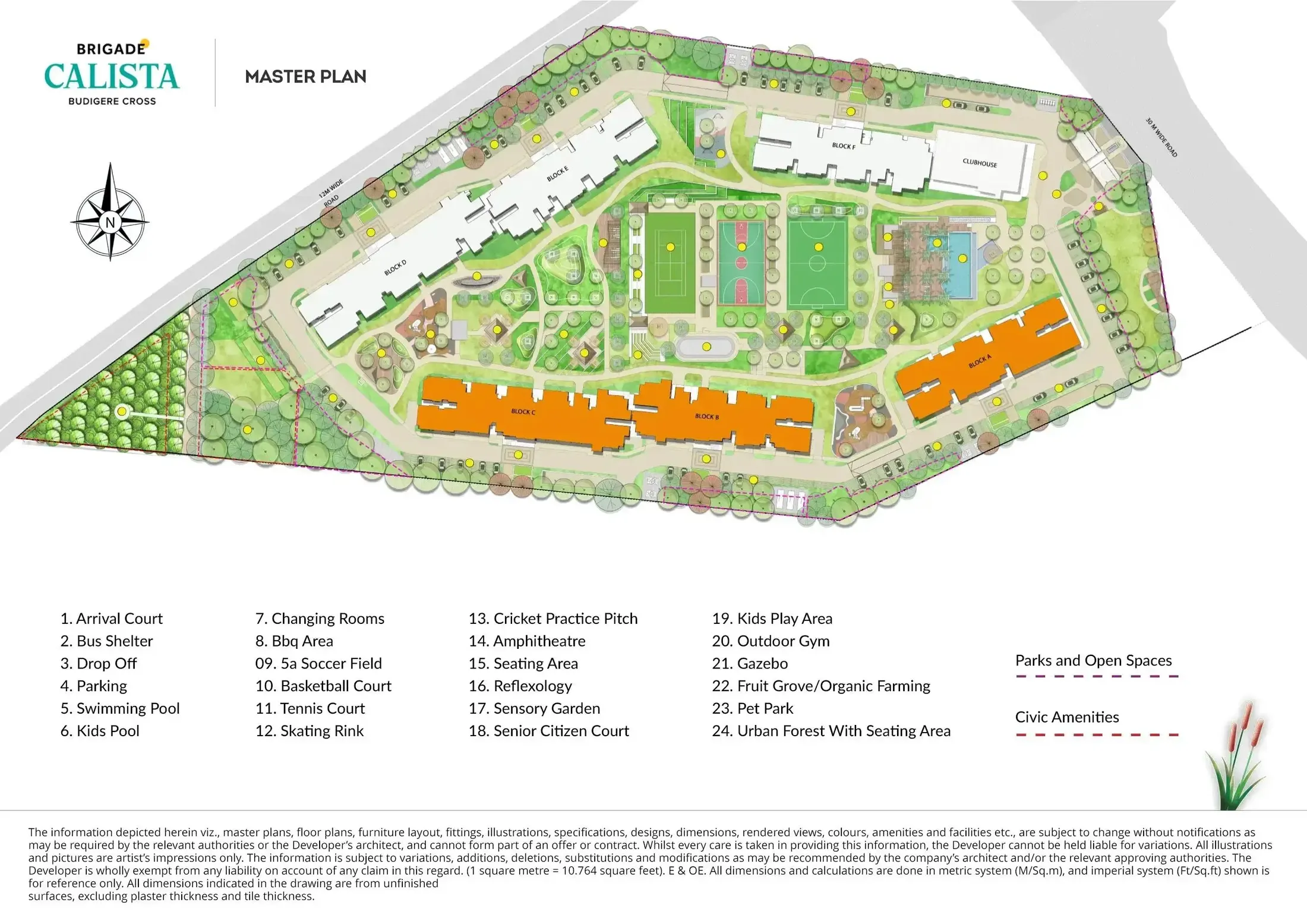 Brigade Calista master plan showing the towers around the Grand Central Courtyard with pool, sports courts and gardens