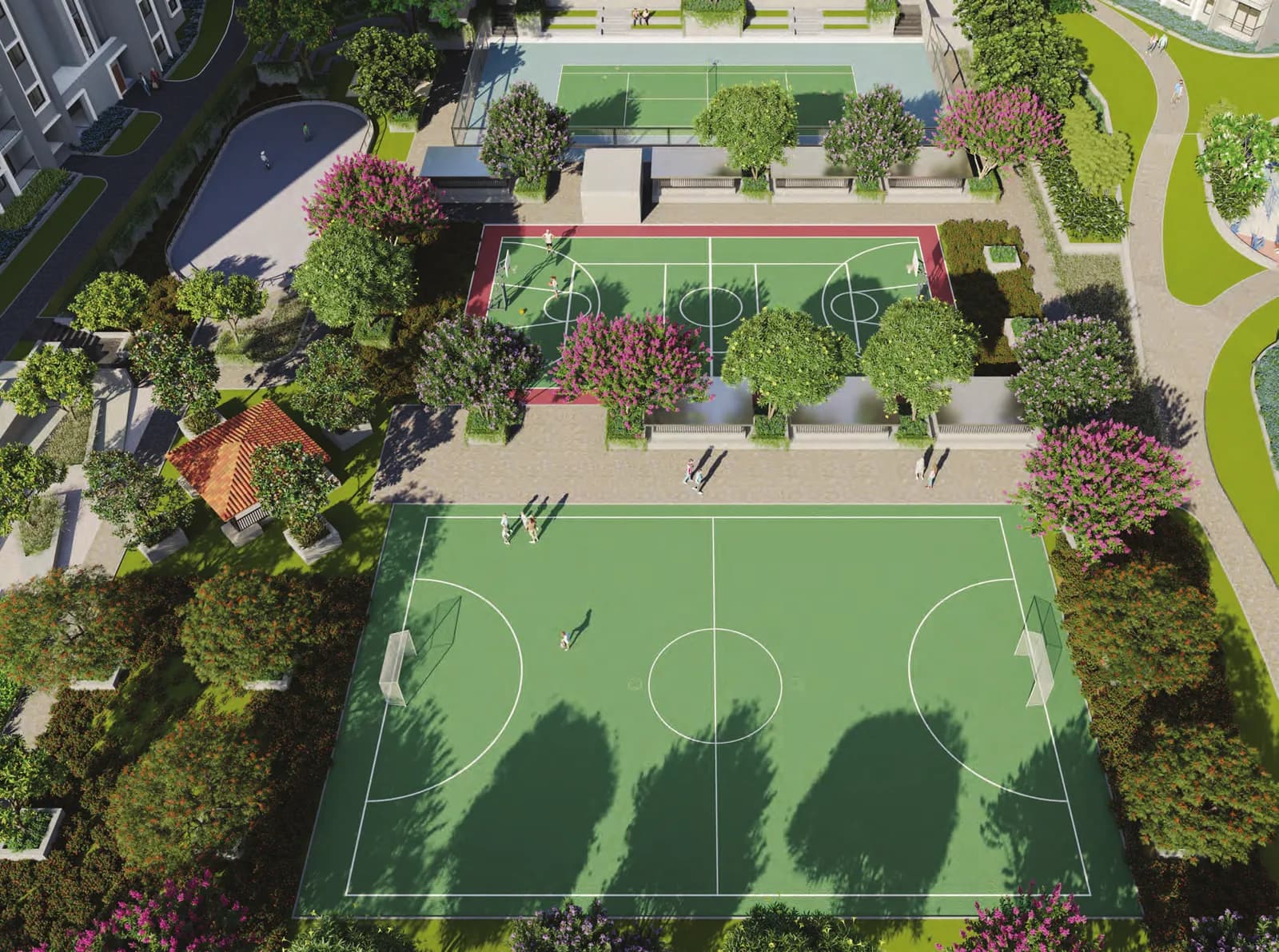 Artist's impression of the Grand Central Courtyard with sports courts at Brigade Calista