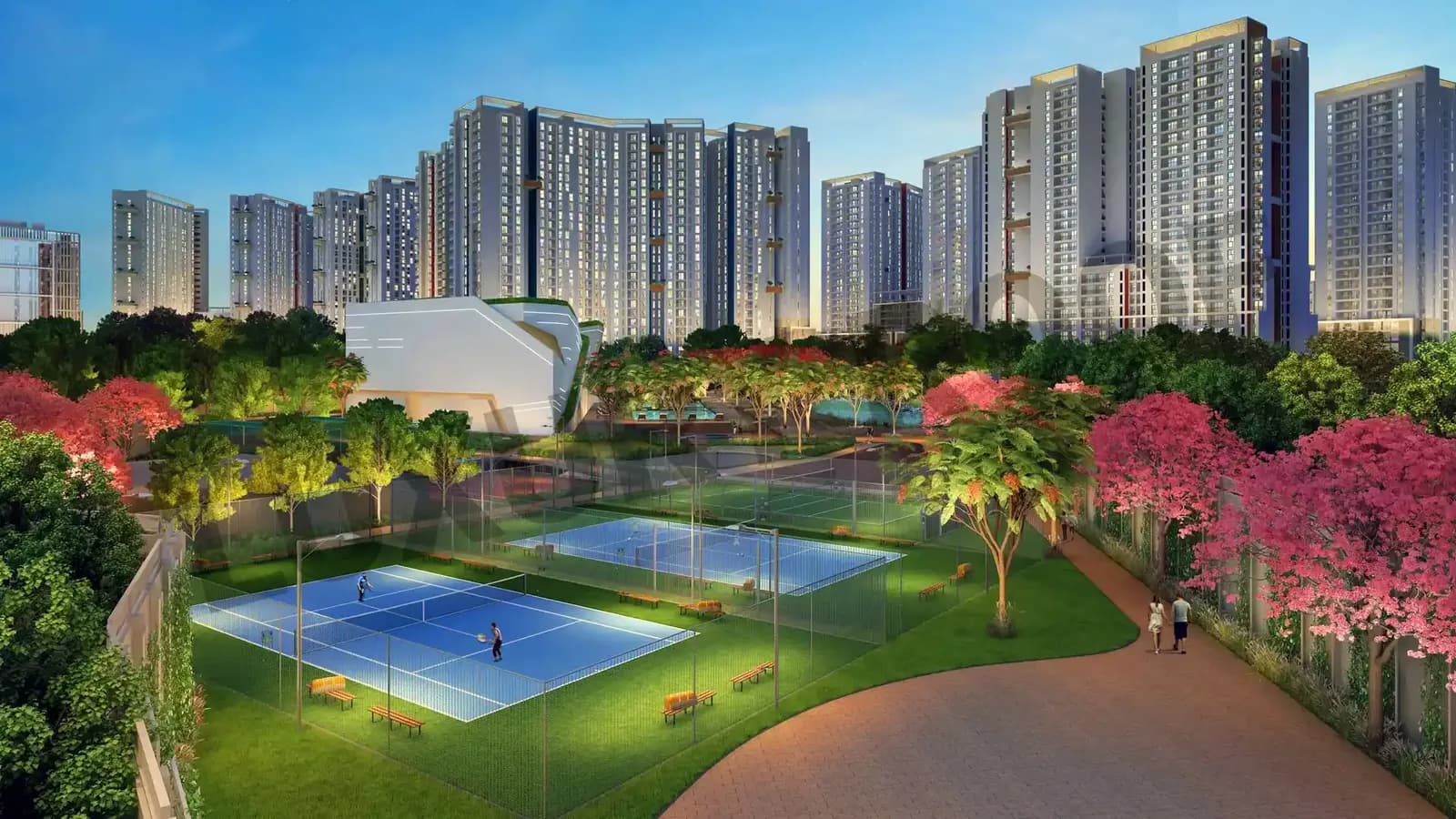 Artist's impression of the clubhouse and tennis courts at Brigade Cornerstone Utopia