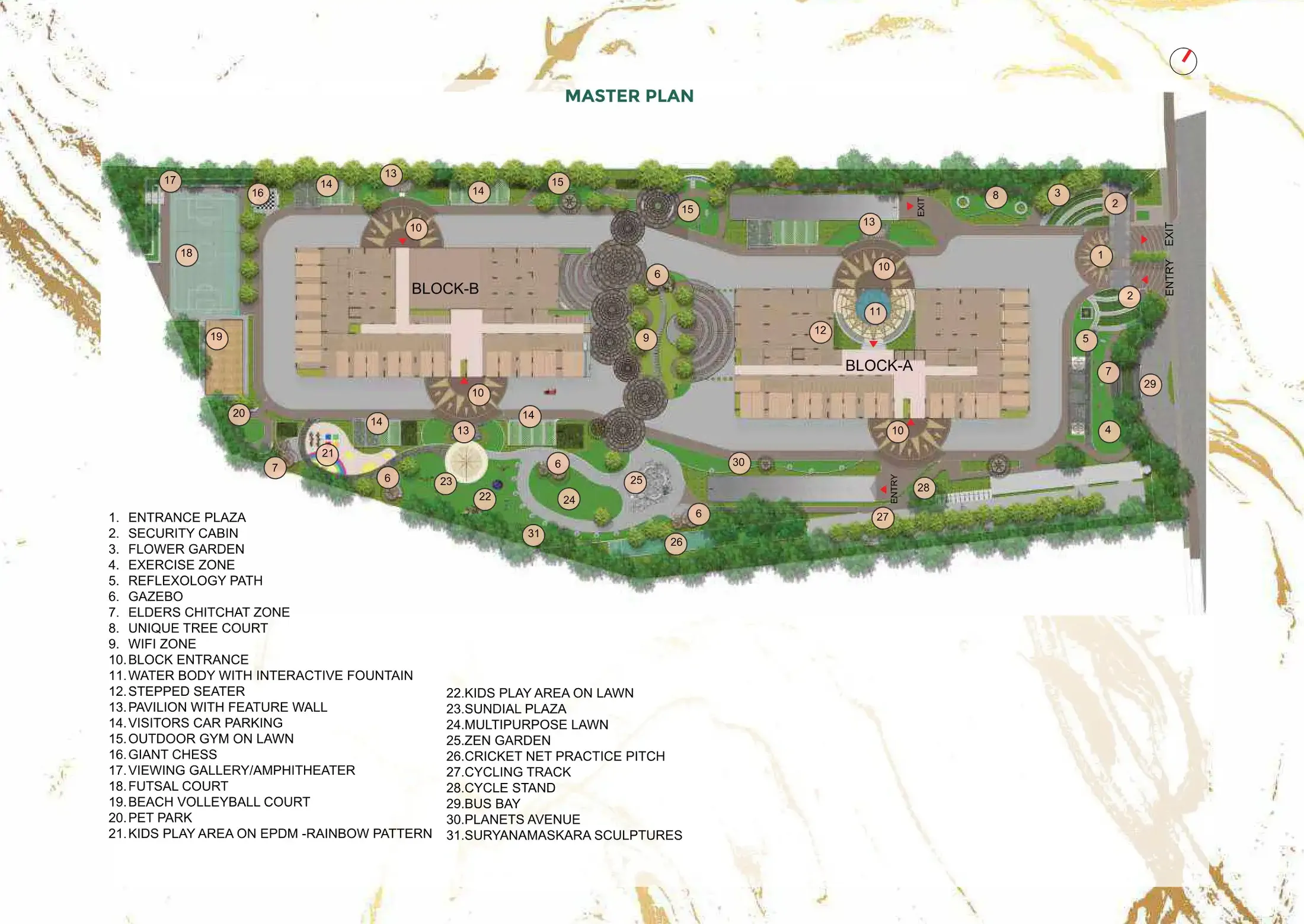 Disha Pursuit of Sunshine master plan showing Block A and Block B with courts, gardens and play areas