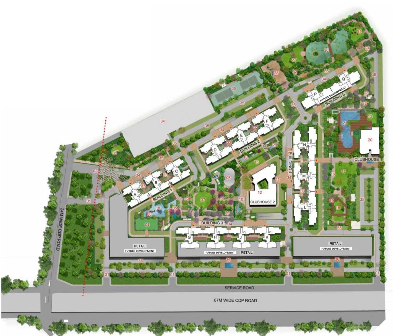 Godrej Woodscapes master layout plan showing buildings 1 to 5 with towers A to Q, two clubhouses, the pool, pond and retail frontage on the 67 m CDP road