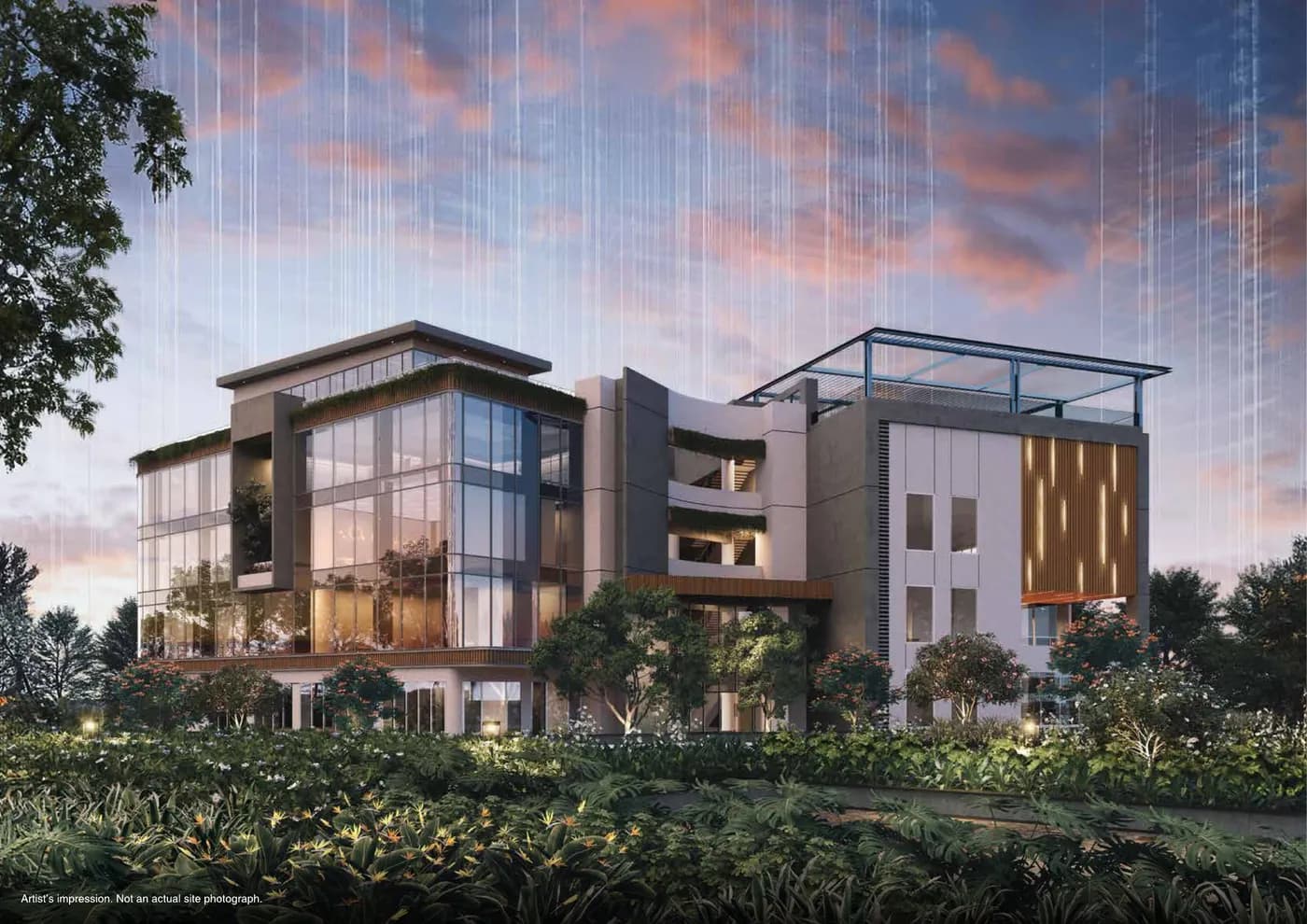 Artist's impression of the Godrej Woodscapes clubhouse among trees