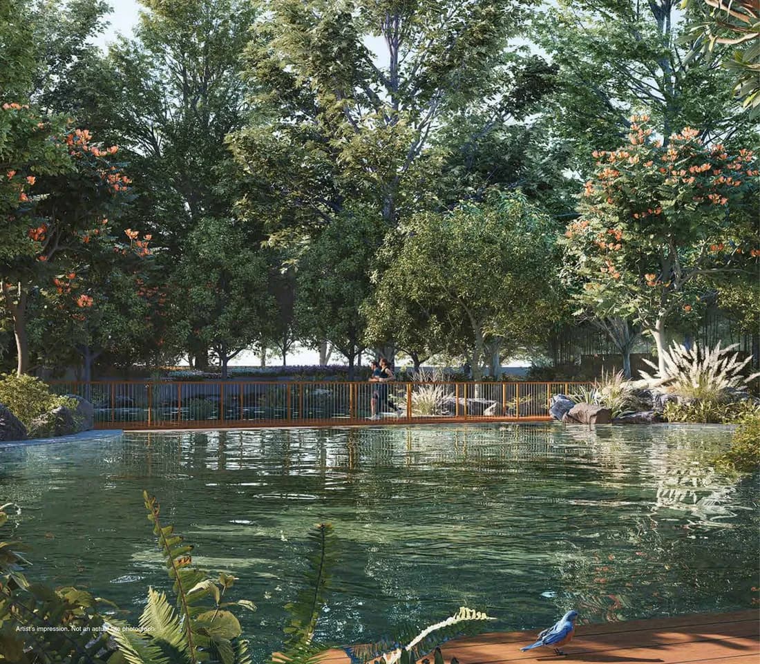 Artist's impression of the pond and walkway at Godrej Woodscapes