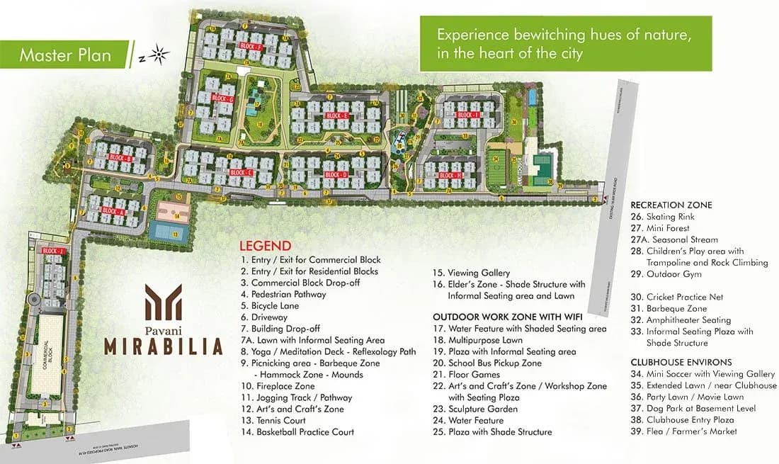 Pavani Mirabilia master plan showing residential blocks A to J, the commercial block and landscape zones