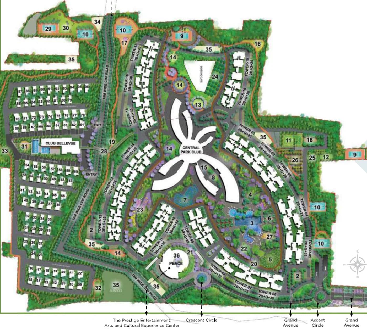 Prestige Park Grove master plan with the Central Park Club at the centre, apartment towers around it, the villa enclave with Club Bellevue and the PEACE cultural centre