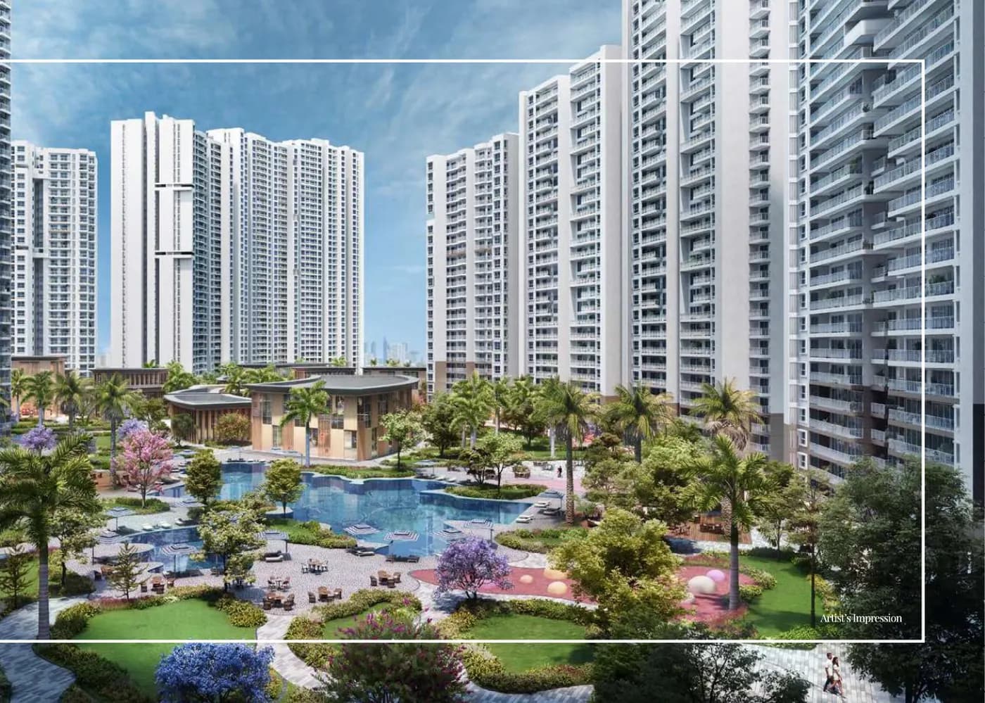 Artist's impression of Prestige Park Grove towers around the central landscape and pool