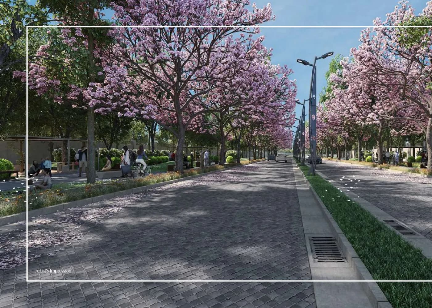 Artist's impression of the tree-lined entrance boulevard at Prestige Park Grove