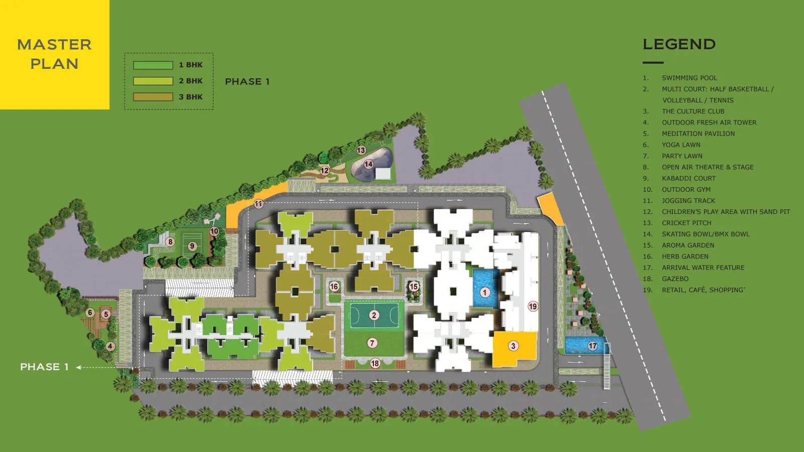 Provident Capella master plan showing Phase 1 and 2 towers, pool, courts and gardens