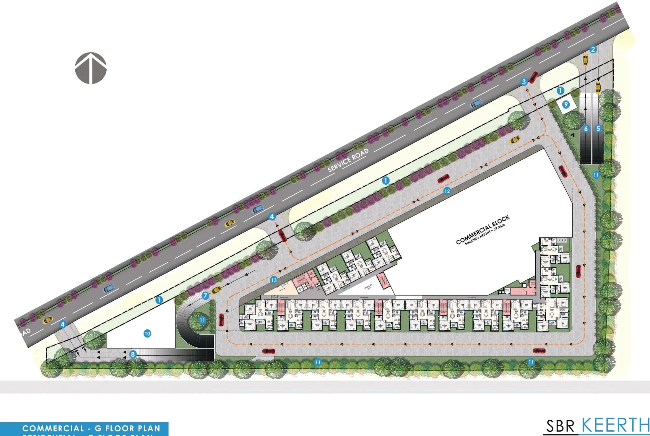 SBR Keerthi site plan showing the residential towers and the commercial block along Old Madras Road