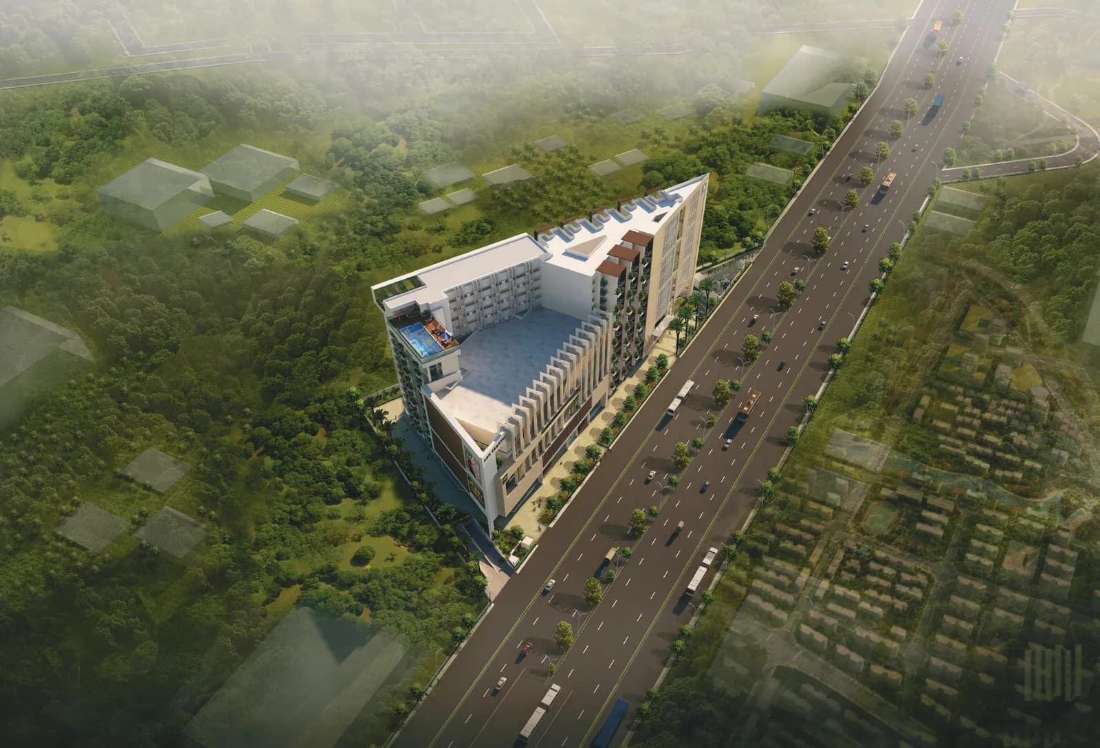 Aerial artist's impression of SBR Keerthi on Old Madras Road