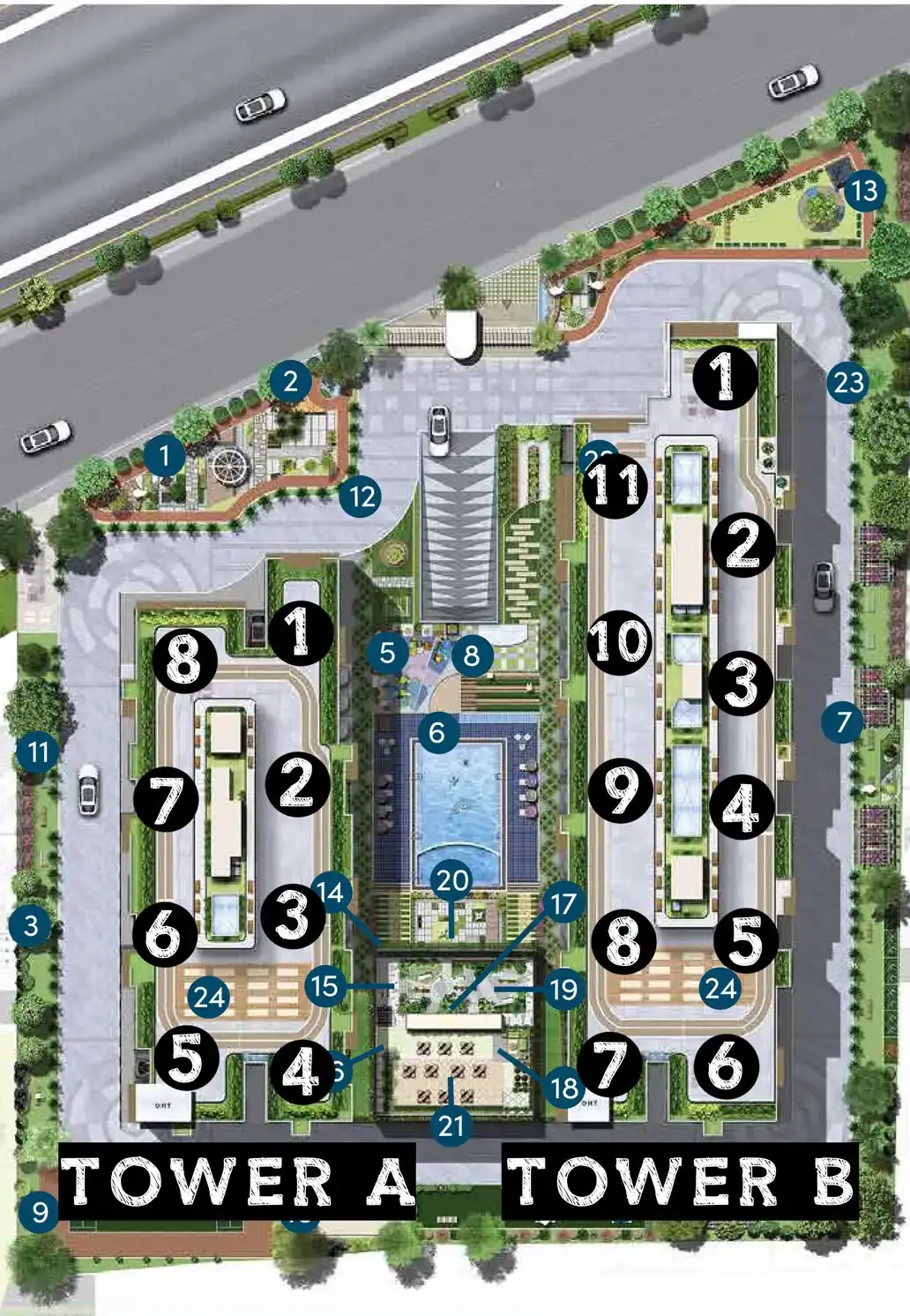 SBR Keerthi Prime site plan showing Tower A and Tower B with the pool and amenities