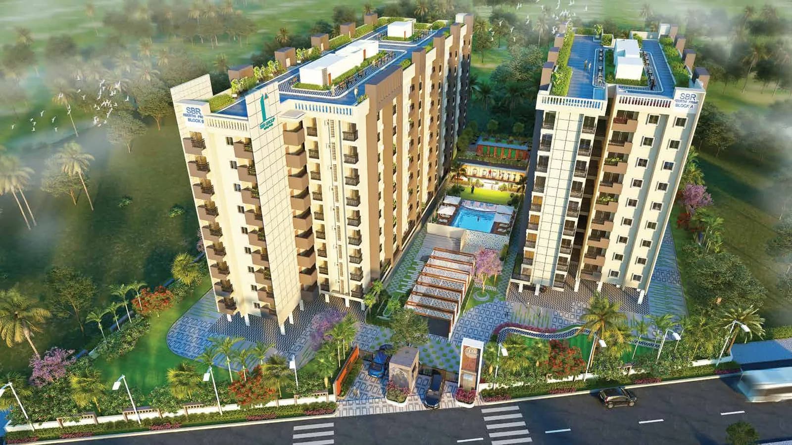 Aerial artist's impression of SBR Keerthi Prime with the pool and gardens