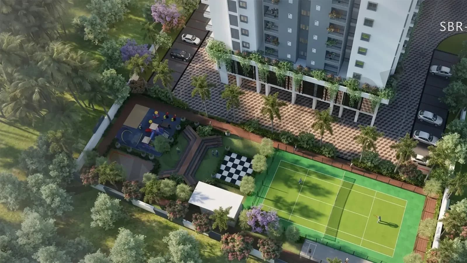 Artist's impression of the tennis court and play area at SBR Minara