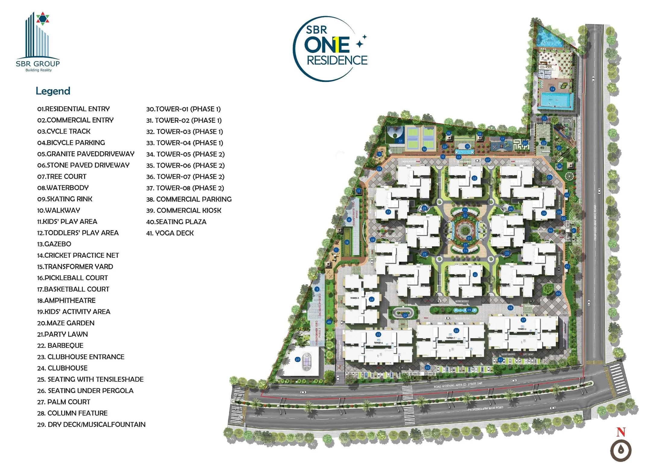 SBR One Residence master plan showing towers across two phases, clubhouse, courts and landscape